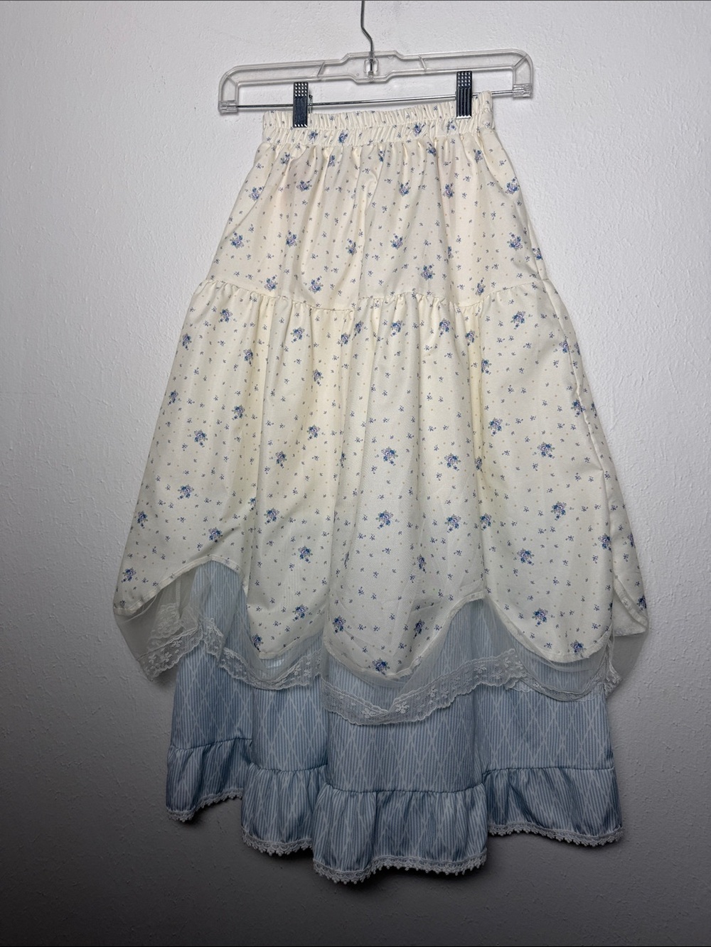 Tiered Floral Cream and Light Blue Maxi Skirt